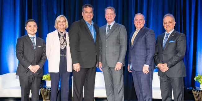 Panelists of the 2024 Orange County Business Council (OCBC) Health Care Forum panel “Future Focused: Leading Care Delivery for a Healthier Tomorrow” are pictured from left Chief Operating Officer, Senior Vice President Nate Shinagawa, MHA of UCI Health; President Annette M. Walker, MHA of City of Hope Orange County; moderator Jeffrey Ball, OCBC President and CEO; President and Chief Executive Officer of MemorialCare Barry Arbuckle, Ph.D.; President and Chief Executive Robert T. Braithwaite of Hoag Memorial Hospital Presbyterian; and Senior Vice President, Area Manager Payman Roshan, MBA of Kaiser Permanente Orange County.