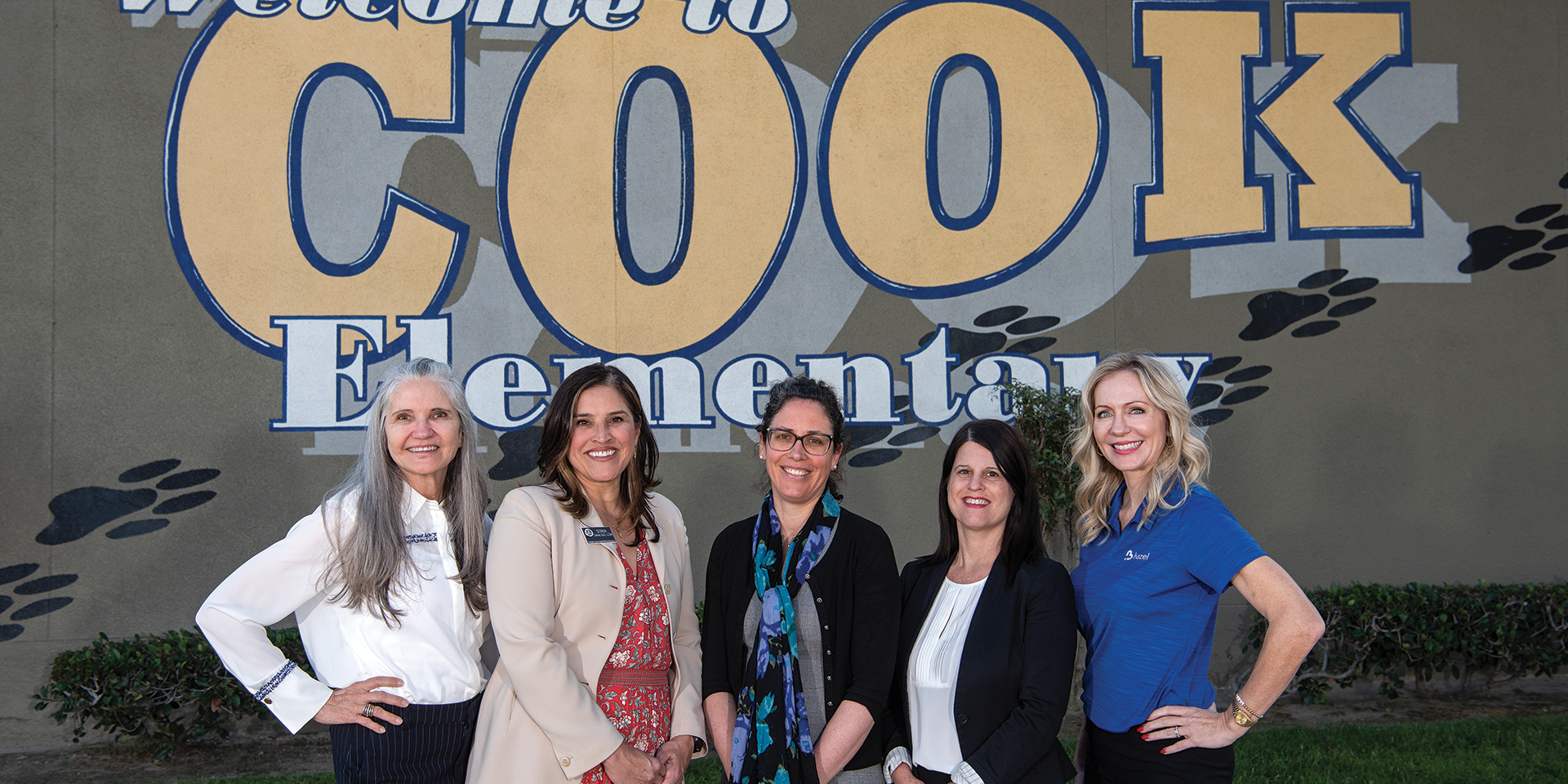 CalOptima-SBHIP-110823-JA-10 Student Behavioral Health Incentive Program (SBHIP) partners gather at Cook Elementary School in Garden Grove. From left: Lorry Leigh Belheumeur, Ph.D., Western Youth Services; Sonia Llamas, Ed.D., LCSW, OC Department of Education; Terri Iler, Ed.D., CHOC; Carmen Katsarov, LPCC, CMM, CalOptima Health, and Andrea Stojanov, Hazel Health.