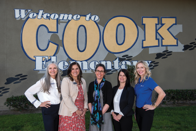Student Behavioral Health Incentive Program (SBHIP) partners gather at Cook Elementary School in Garden Grove. From left: Lorry Leigh Belheumeur, Ph.D., Western Youth Services; Sonia Llamas, Ed.D., LCSW, OC Department of Education; Terri Iler, Ed.D., CHOC; Carmen Katsarov, LPCC, CMM, CalOptima Health, and Andrea Stojanov, Hazel Health.