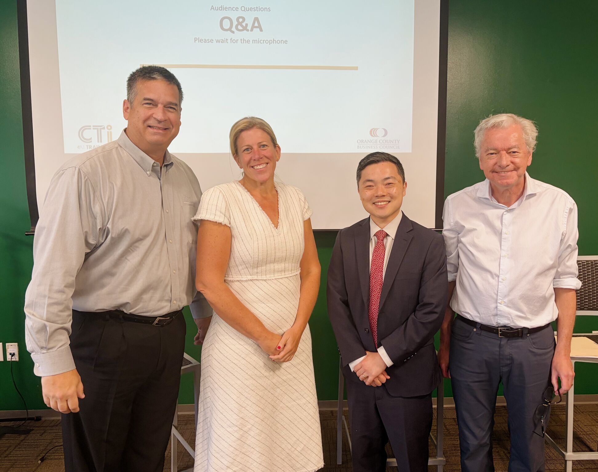 Pictured from left, panel moderator Jeff Ball, OCBC president and CEO; Clair Dillavou, Accenture managing director of AI and data for public service; OCBC board member Nate Shinagawa, UCI Health senior vice president and chief operating officer; and Padhraic Smyth, UCI Distinguished Professor in the Department of Computer Science and Hasso Plattner Endowed Chair in Artificial Intelligence.