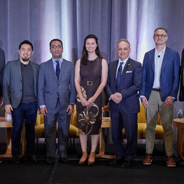 2026 Health Care Forum panel from left to right: Barry Arbuckle, Ph.D., MemorialCare; Peter D. Chang, M.D., UCI Health; Pashtoon Kasi, M.D., M.S., City of Hope Orange County; Jennifer Phan, M.D., Hoag Digestive Health Institute; Payman Roshan, Kaiser Permanente Orange County; Greg Wright, Edwards Lifesciences; and moderator Jeff Ball, OCBC.