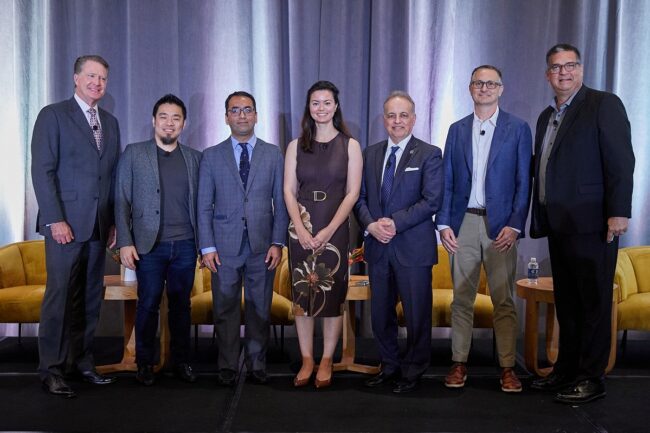 2026 Health Care Forum panel from left to right: Barry Arbuckle, Ph.D., MemorialCare; Peter D. Chang, M.D., UCI Health; Pashtoon Kasi, M.D., M.S., City of Hope Orange County; Jennifer Phan, M.D., Hoag Digestive Health Institute; Payman Roshan, Kaiser Permanente Orange County; Greg Wright, Edwards Lifesciences; and moderator Jeff Ball, OCBC.