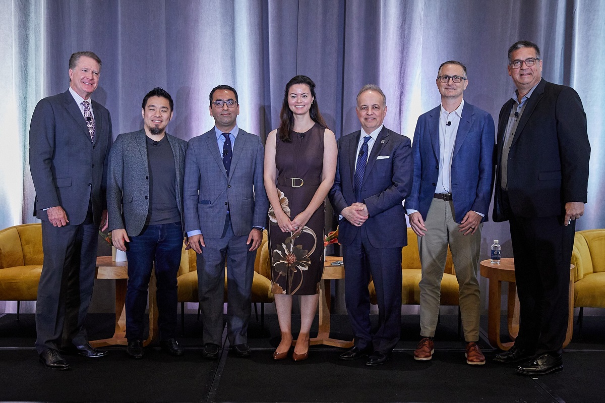 2026 Health Care Forum panel from left to right: Barry Arbuckle, Ph.D., MemorialCare; Peter D. Chang, M.D., UCI Health; Pashtoon Kasi, M.D., M.S., City of Hope Orange County; Jennifer Phan, M.D., Hoag Digestive Health Institute; Payman Roshan, Kaiser Permanente Orange County; Greg Wright, Edwards Lifesciences; and moderator Jeff Ball, OCBC.