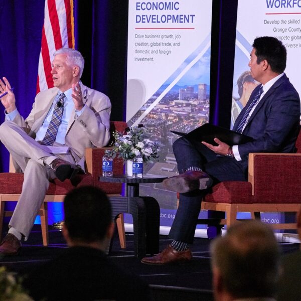 Participants of a moderated session for the 2026 Orange County Business Council (OCBC) Legislative Day are pictured from left: The Honorable Tom Umberg, California State Senate, 34th District, and Larry Chung, Vice President, Customer Solutions, Southern California Edison.