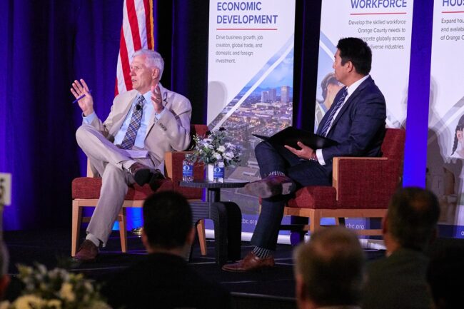 Participants of a moderated session for the 2026 Orange County Business Council (OCBC) Legislative Day are pictured from left: The Honorable Tom Umberg, California State Senate, 34th District, and Larry Chung, Vice President, Customer Solutions, Southern California Edison.
