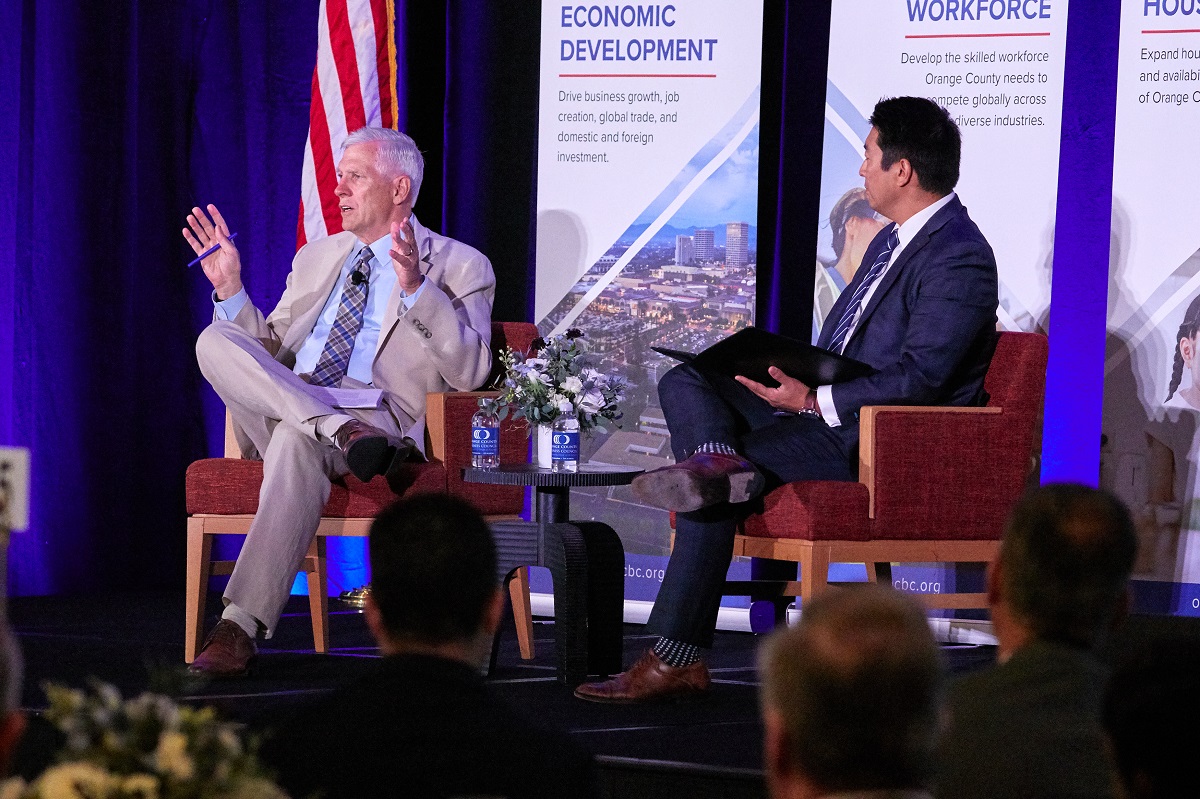 Participants of a moderated session for the 2026 Orange County Business Council (OCBC) Legislative Day are pictured from left: The Honorable Tom Umberg, California State Senate, 34th District, and Larry Chung, Vice President, Customer Solutions, Southern California Edison.