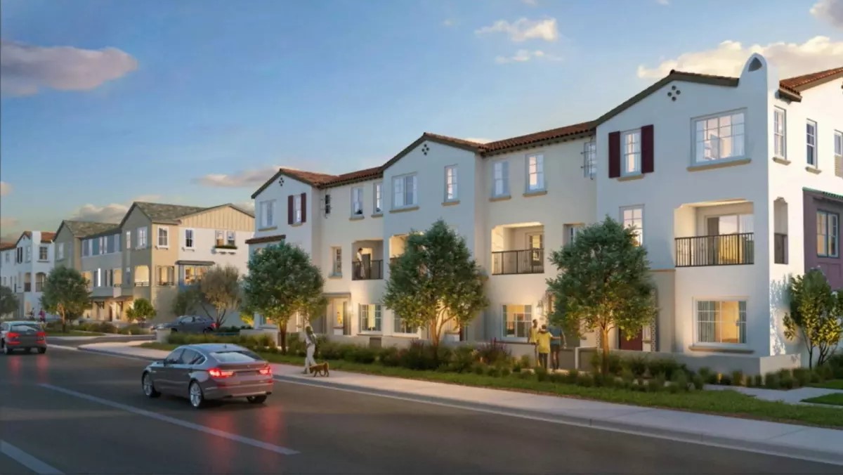 An artistic rendering of townhomes that are part of a multigenerational housing plan passed by the Buena Park City Council. (Screenshot by Gabriel San Román)